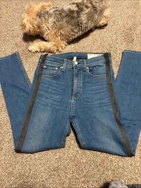 rag & bone Men's Blue Slim Straight Jeans with Black Side Stripes